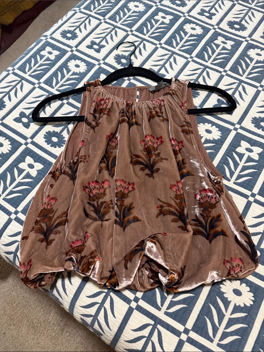 Anthropologie Sleeveless Velvet Floral Bubble Hem Top